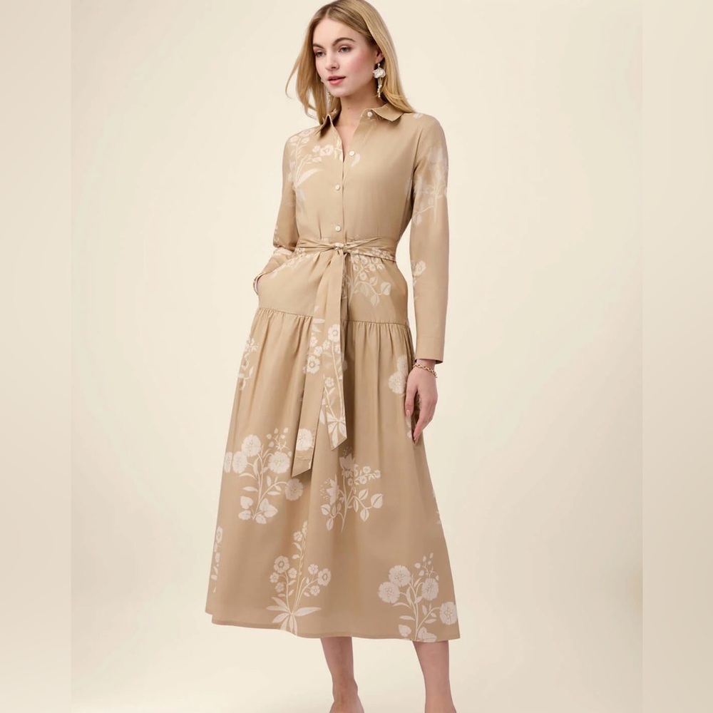 NWT Spartina 449 Beige Floral Tie-Waist Long Sleeve Dress